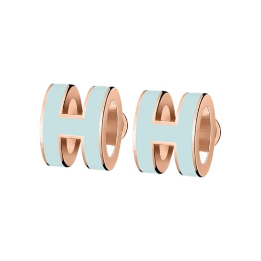 (W) Hermes Mini Pop H Earrings Rose Gold & Bleu Zephyr