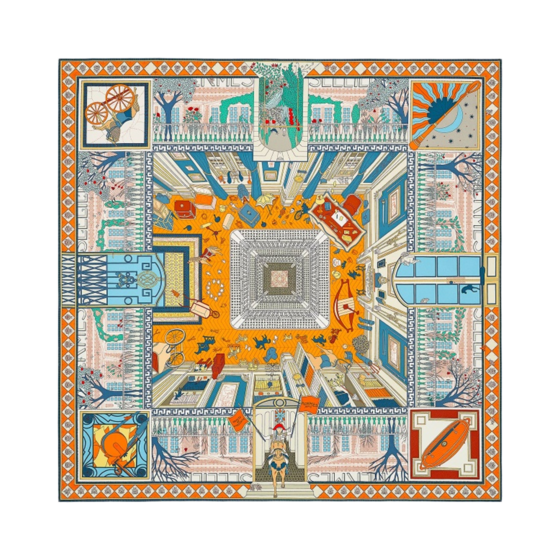 (W) 에르메스 오브젝트 드 큐리오시떼 스카프 90 오랑쥬 로즈 블루((W) Hermes Objets de Curiosite Scarf 90 Orange Rose Bleu) - 1