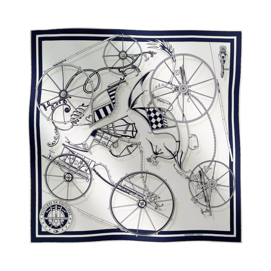 H894027S04 (W) Hermes Voitures en Equilibre Scarf 45 Blanc Marine Gris Perle