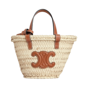 Celine Nano Triomphe Celine Classic Panier in Palm Leaves and Calfskin Tan