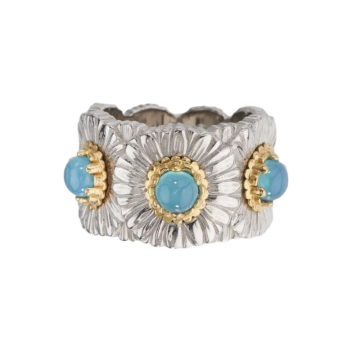 JAGETE021326 Buccellati Blossoms Eternelle Daisy Ring with Diamonds Light Blue Agate Sterling Silver