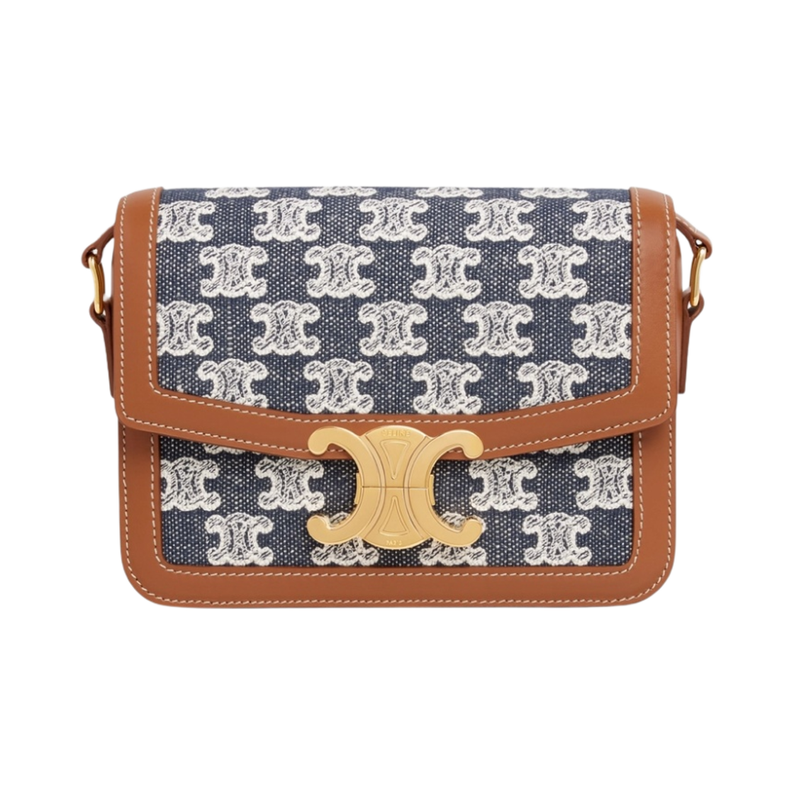 188882DBA-07OC Celine Teen Triomphe Bag in Textile with Triomphe Embroidery and Calfskin Navy Blue