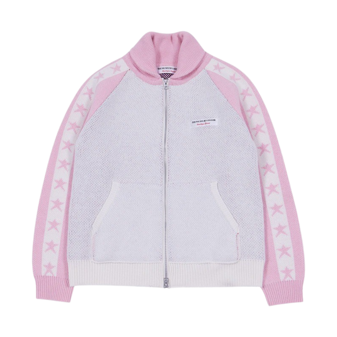 더뮤지엄비지터 스카이 러브 자카드 칼라 니트 집업 핑크