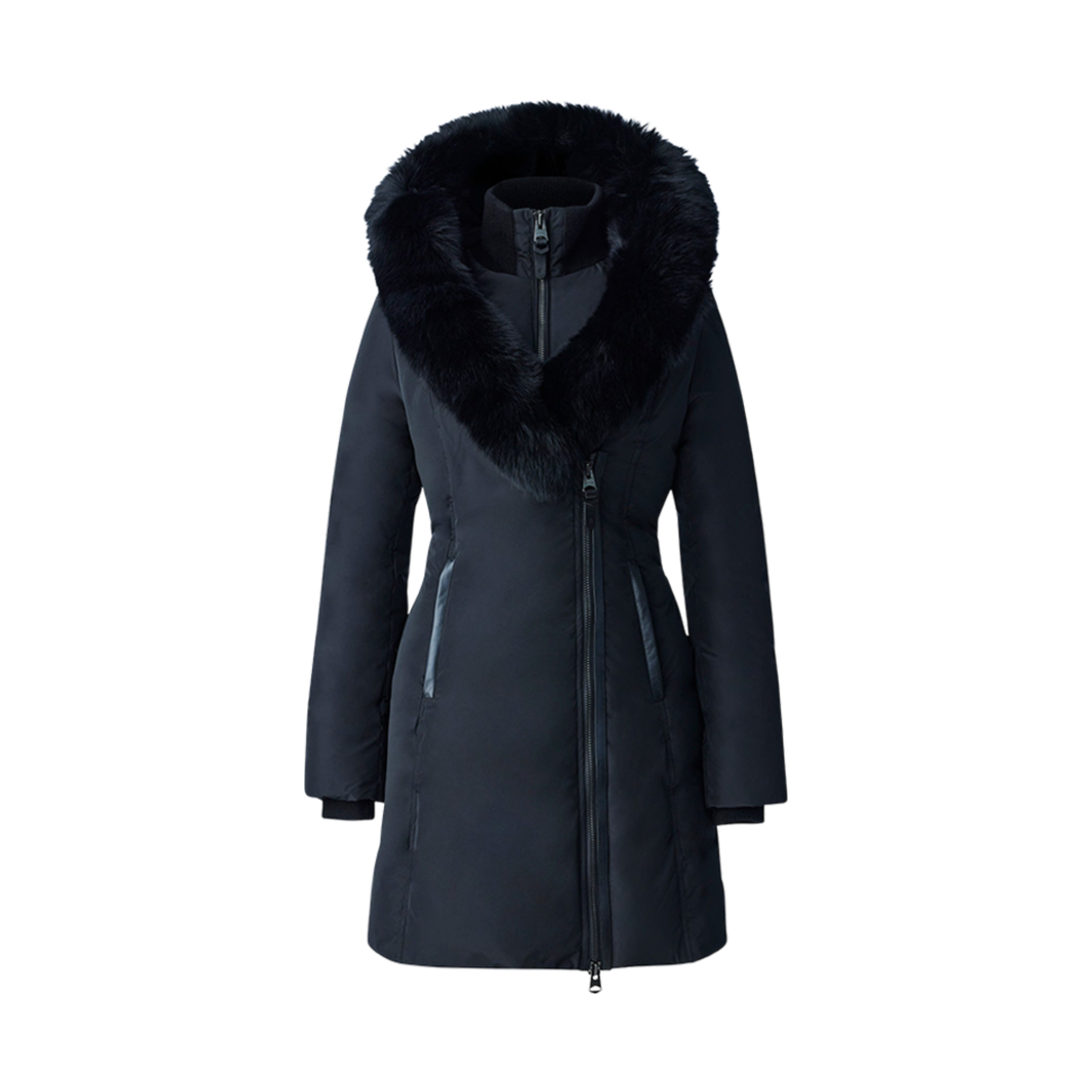 (W) 맥카지 케이 다운 코트 블루 폭스 퍼 시그니쳐 맥카지 칼라 블랙((W) Mackage Kay Down Coat With Blue Fox Fur Signature Mackage Collar Black) - 1