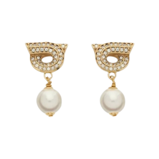 (W) Ferragamo Gancini Pearl and Crystal Earrings Gold