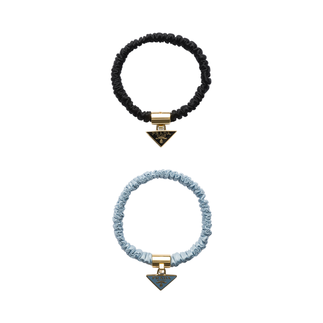 프라다 사틴 크레이프 엘라스틱 헤어 타이 블랙 라이트 블루 (2개 세트)(Prada Satin Crepe Elastic Hair Ties Black Light Blue (Set of 2))