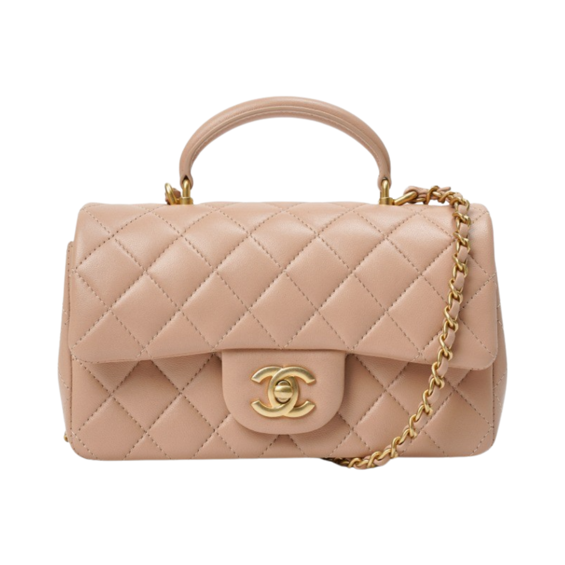 샤넬 핸들 장식의 미니 플랩백 램스킨 & 골드 메탈 베이지