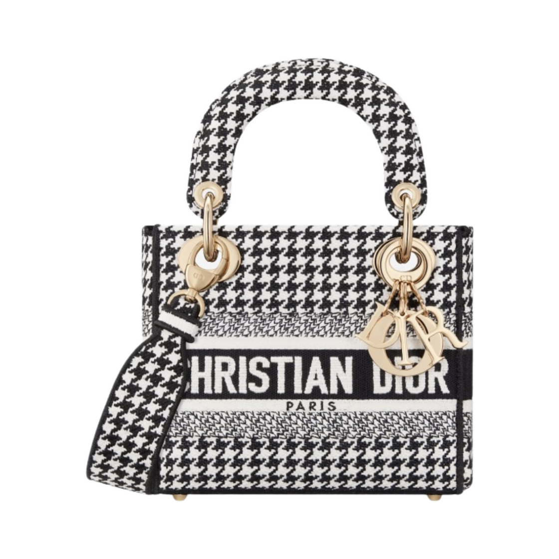 디올 레이디 D 라이트 미니백 블랙 화이트 하운즈투스 자수(Dior Lady D-Lite Mini Bag Black White Houndstooth Embroidery) - 1