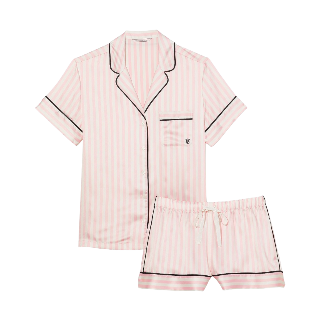 (W) 빅토리아 시크릿 사틴 숏 파자마 세트 핑크 아이코닉 스트레이프((W) Victoria's Secret Satin Short Pajama Set Pink Iconic Strape)