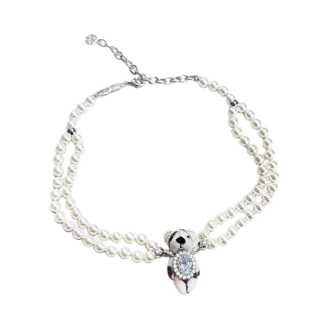 - (W) Yvmin Dot Print Furry Bear Double Strand Pearl Necklace White