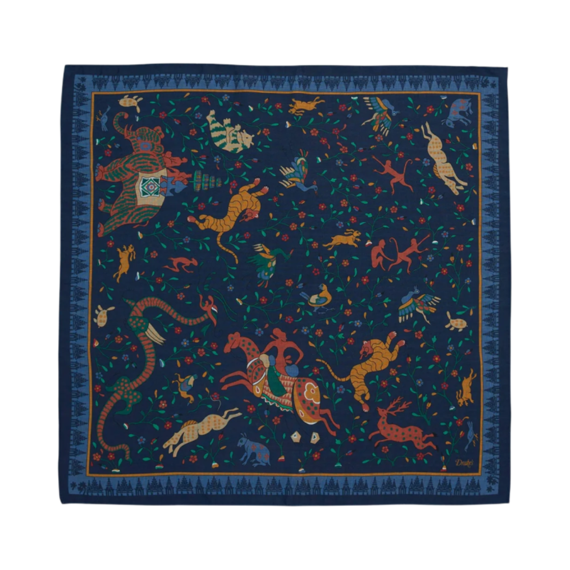 DR1AD0-24693-01-251 Drake's Mythical Animals Print Wool Silk Bandana Navy
