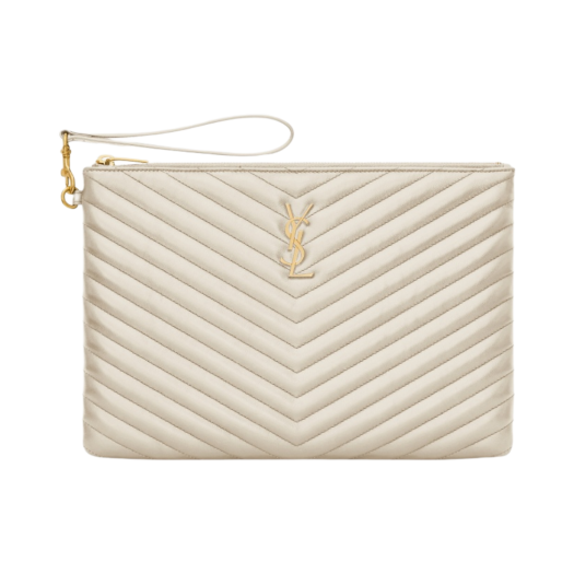 Saint Laurent Gold Monogram Cassandre Matelasse Tablet Pouch in Quilted Leather Blanc Vintage