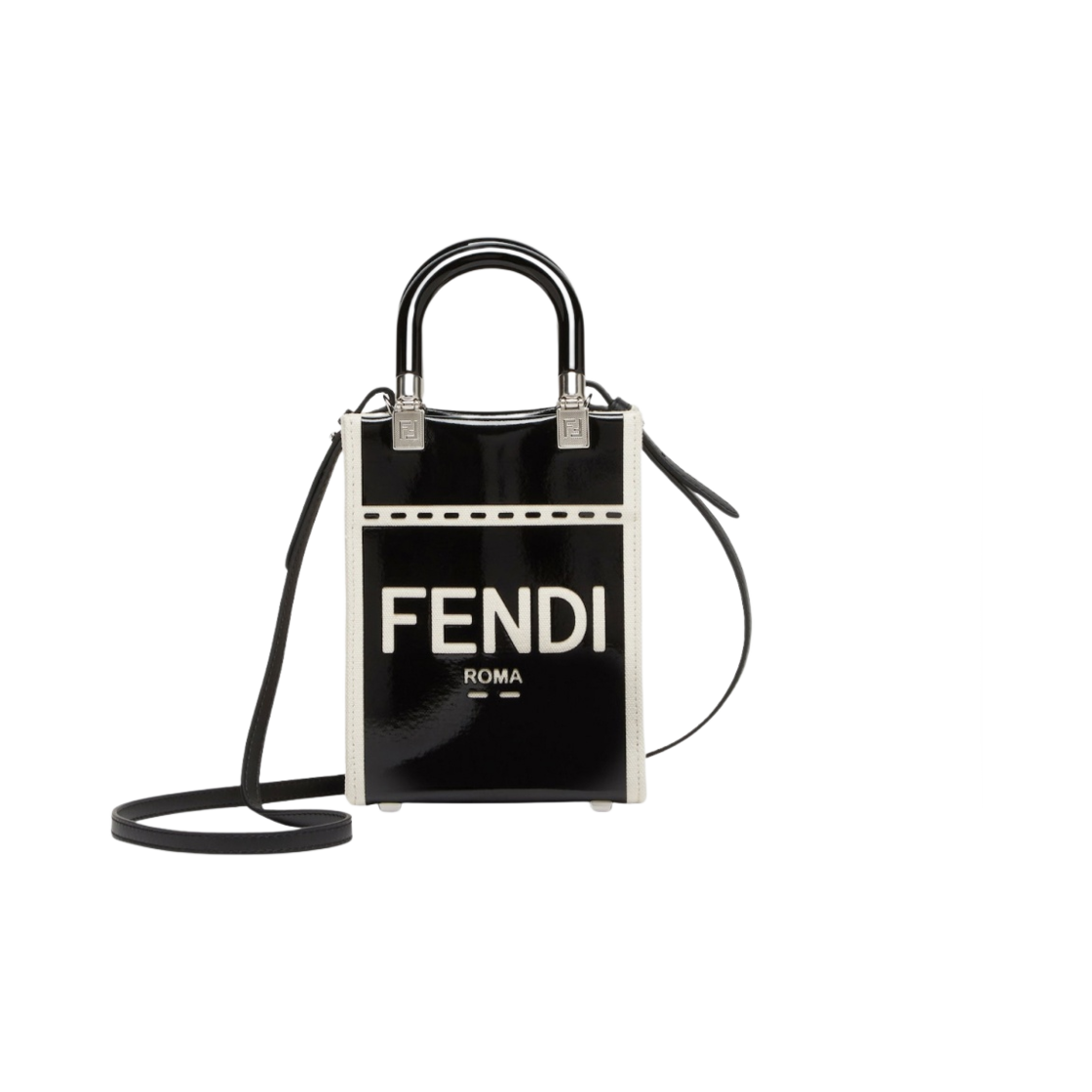 8BS051ANT7F0H9H Fendi Mini Sunshine Shopper Patent Leather Canvas Bag Black