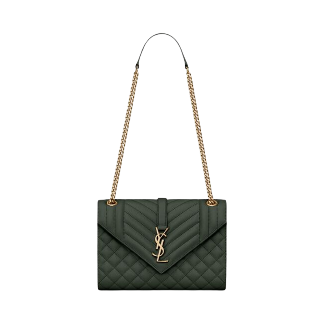 생로랑 엔벨로프 미디움 체인 백 믹스 마틀라세 그레인 드 뿌드르 엠보스 레더 베르 폰세(Saint Laurent Envelope Medium Chain Bag In Mix Matelasse Grain De Poudre Embossed Leather Vert Fonce) - 1