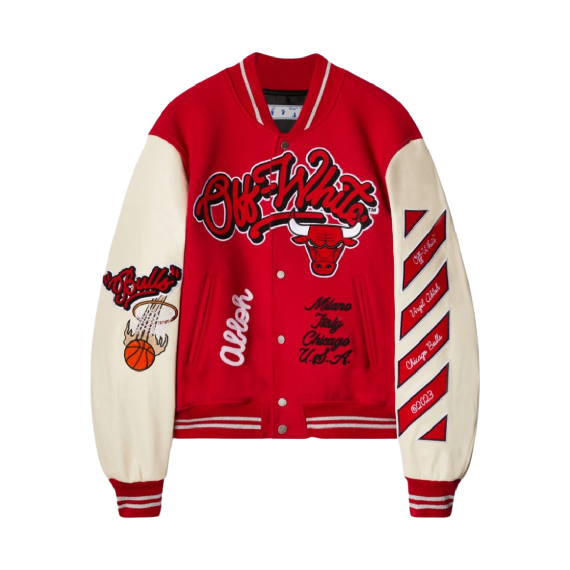 OMEA305T23FAB0032501 Off-White C/O Chicago Bulls Varsity Jacket Red Cream