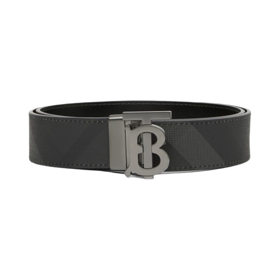 8065339 Burberry Check  and Leather Reversible TB Belt Charcoal Graphite