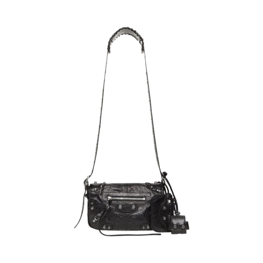 719082 Balenciaga Arena Lambskin Aged Silver Hardware Le Cagole XS Flap Bag Black