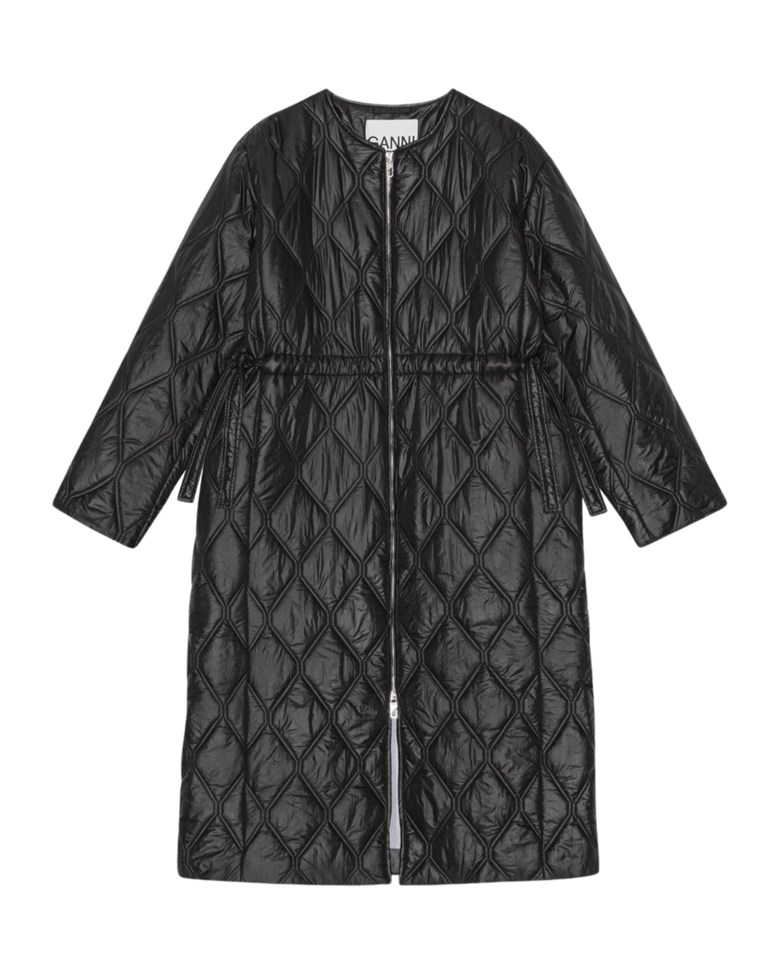 F8383-099 (W) Ganni Shiny Quilt Long Coat Black