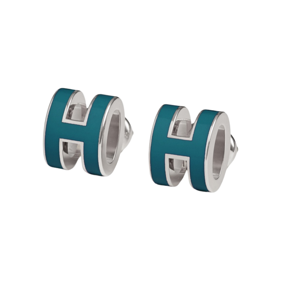 (W) 에르메스 미니 팝아슈 이어링 팔라듐 하드웨어 & 블루 진((W) Hermes Mini Pop H Earrings Palladium & Bleu Jean) - 1