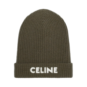 Celine Embroidered Beanie in Ribbed Felted Wool Khaki