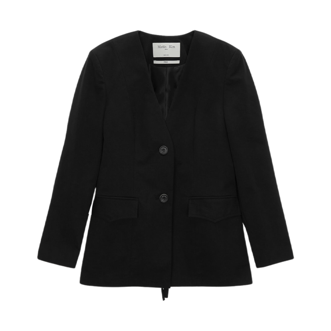 (W) 마뗑킴 코튼 블렌드 칼라리스 스트랩 블레이저 블랙((W) Matin Kim Cotton Blended Collarless Strap Blazer Black) - 1