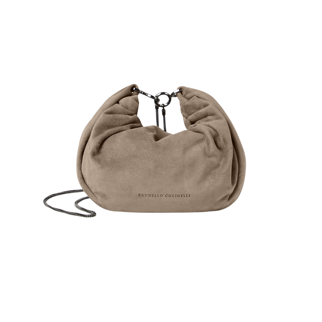 MBHID2666-C2657 Brunello Cucinelli Brioche Hobo Bag in Suede with Precious Chain Sage