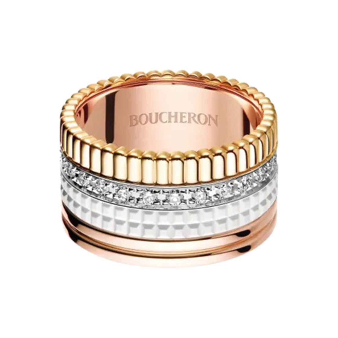 부쉐론 콰트로 화이트 에디션 라지 링 18K 옐로우 골드 화이트 골드 핑크 골드 화이트 세라믹 다이아몬드(Boucheron Quatre White Edition Large Ring 18K Yellow Gold White Gold Pink Gold White Ceramic Diamond) - 1