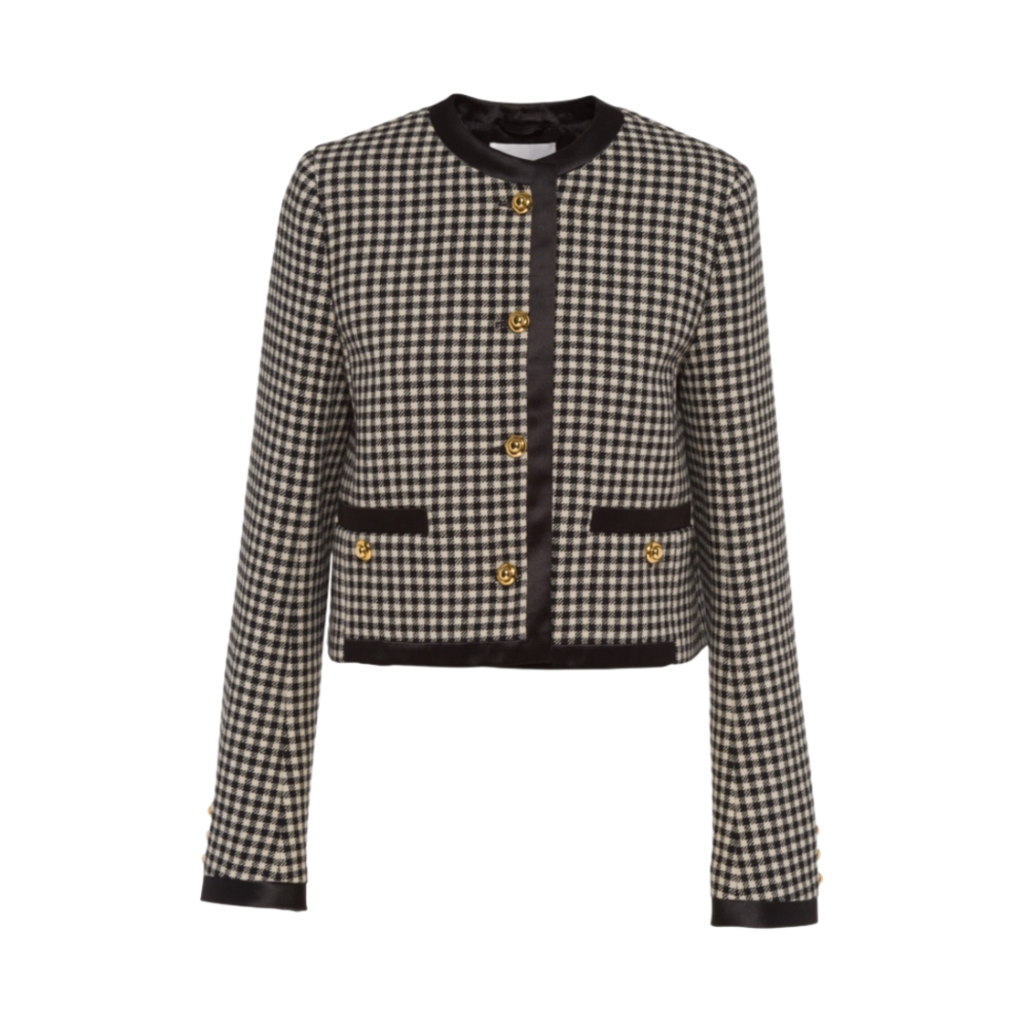 (W) 미우 미우 싱글 브레스티드 깅엄 울 자켓 블랙 아이보리((W) Miu Miu Single Breasted Gingham Wool Jacket Black Ivory) - 1