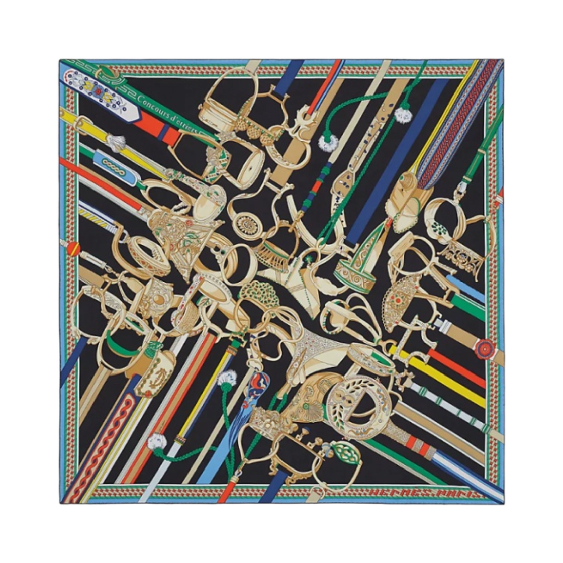 (W) 에르메스 콩쿠르 데트리에 스카프 90 누아 베쥬 멀티꼴로르((W) Hermes Concours d'Etriers Scarf 90 Noir Beige Multicolore) - 1