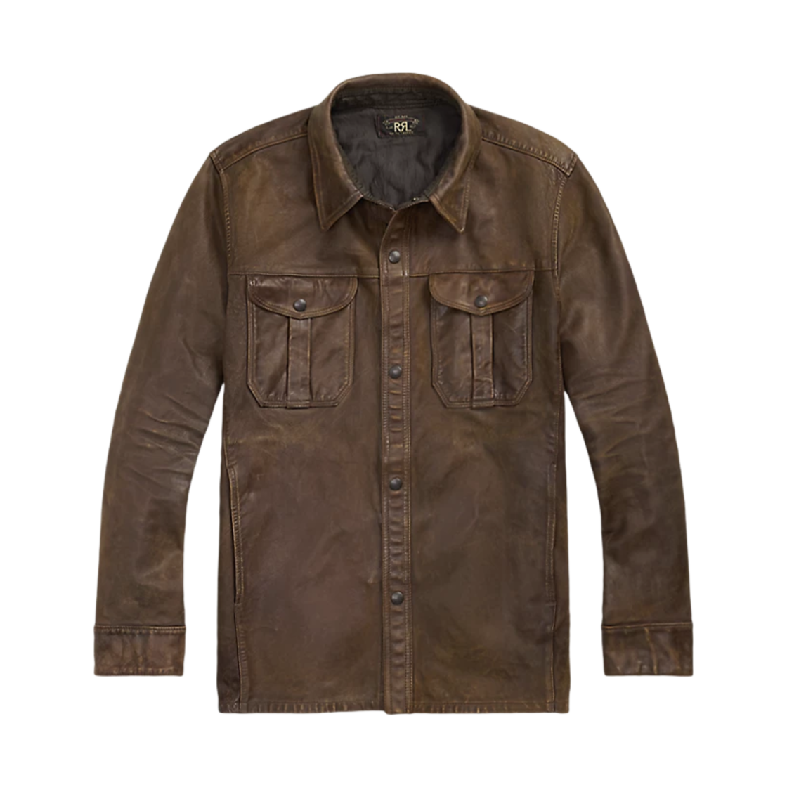 더블알엘 핸드 스트레스드 레더 오버셔츠 블랙 오버 브라운(Double RL Hand Stressed Leather Overshirt Black Over Brown)