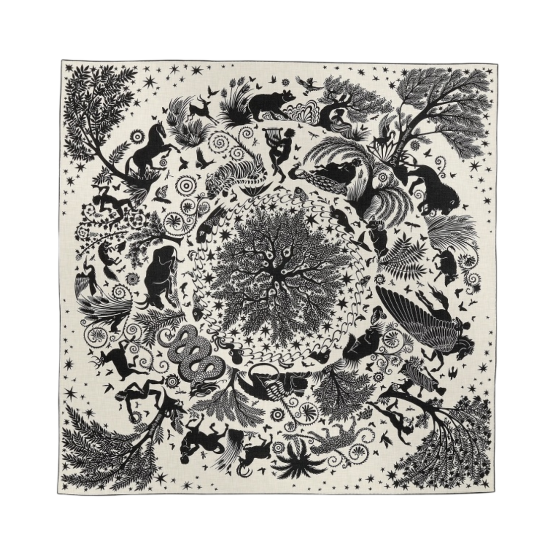 H244177S11 (W) Hermes Sous le Charme d'Orphee shawl 140 Blanc Noir