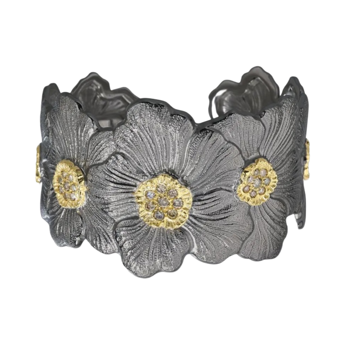 JAGBRA015926 Buccellati Blossoms Gardenia Bracelet with Brown Diamonds Vermeil Oxidized Sterling Silver