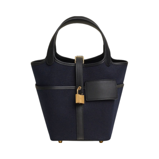 Hermes Picotin Lock 18 Pocket Bag Goeland Canvas Swift & Gold Bleu Marine Noir