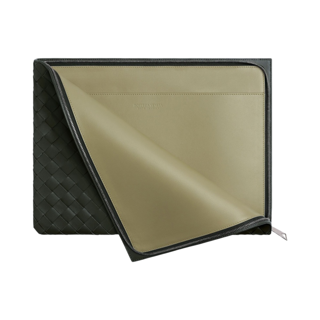 보테가 베네타 인트레치아토 하프 지퍼 파우치 다크 그린 트래버틴(Bottega Veneta Intrecciato Half Zip Pouch Dark Green Travertine) - 2