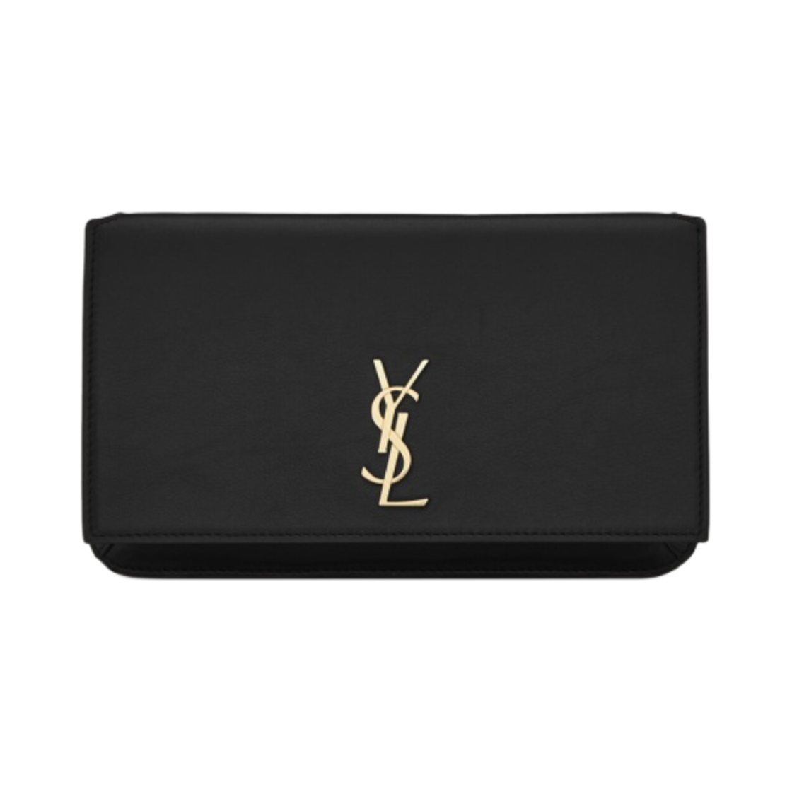 635095-0U40J-1000 Saint Laurent Gold Monogram Phone Holder with Strap in Smooth Leather Black