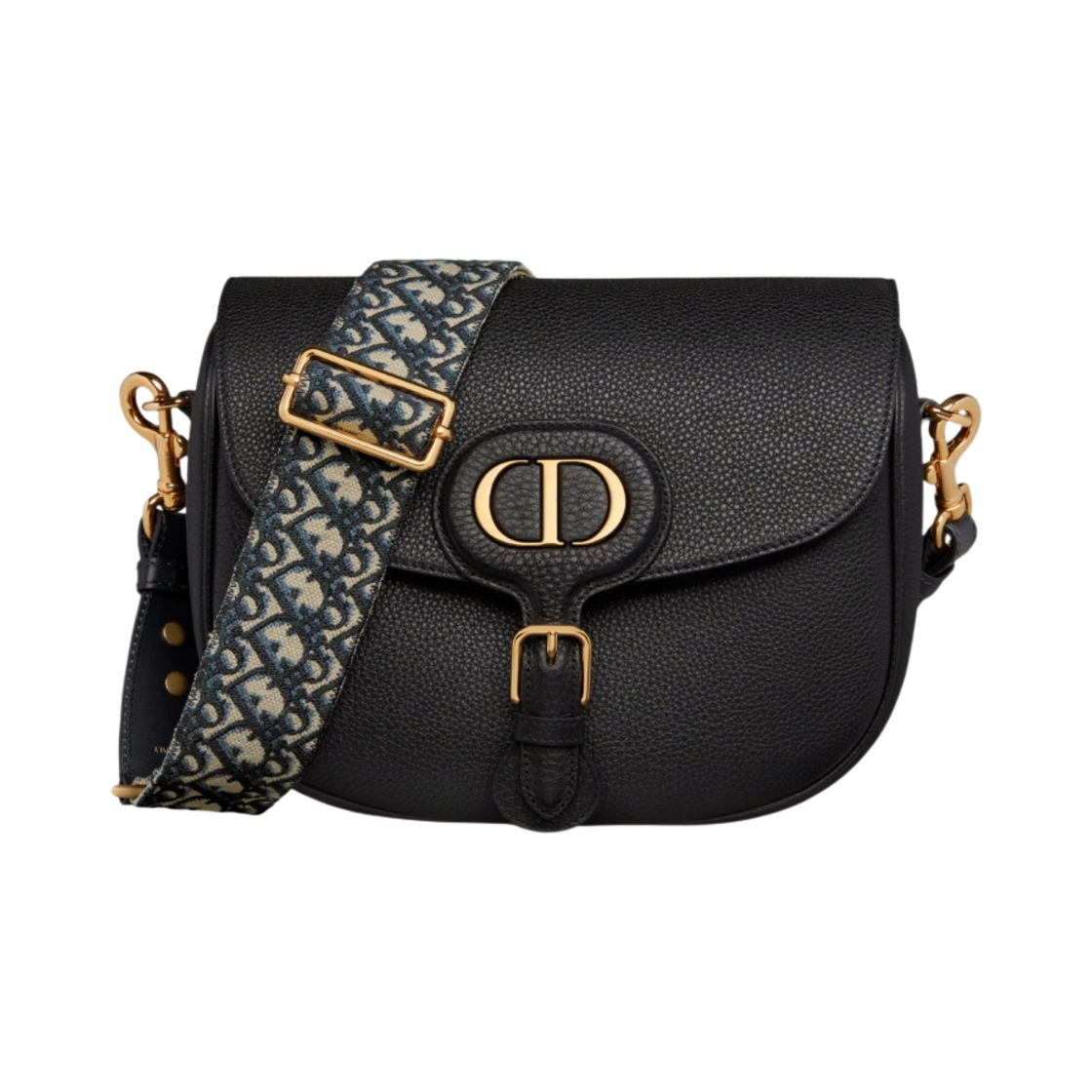 디올 라지 바비백 그레인드 카프스킨 블루 디올 오블리크 자수 숄더 스트랩 블랙