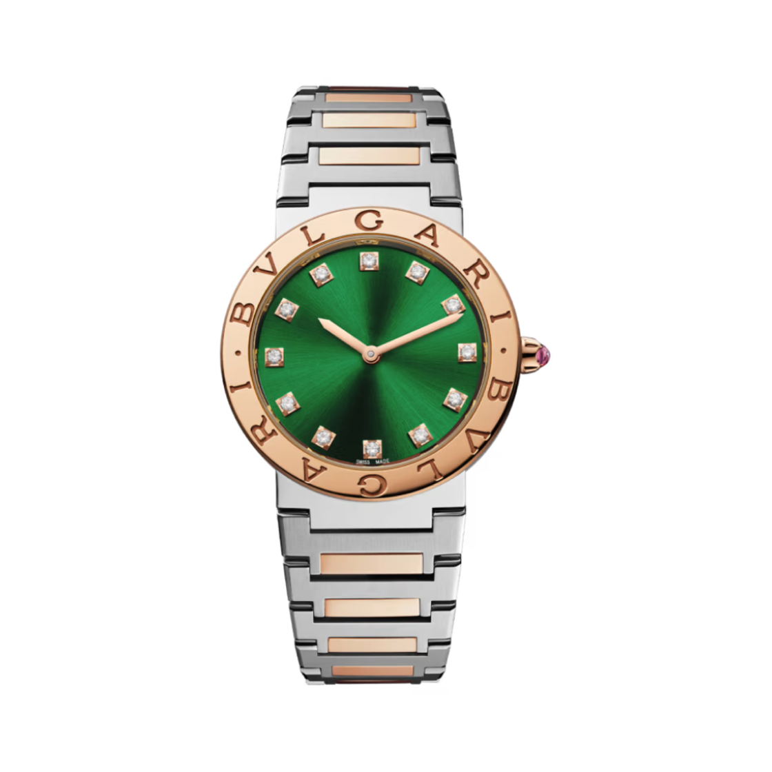 (W) 불가리 불가리 쿼츠 33mm 워치 스테인리스 스틸 로즈 골드 그린 다이아몬드((W) Bulgari Bulgari Quartz 33mm Watch Stainless Steel Rose Gold Green Diamonds)