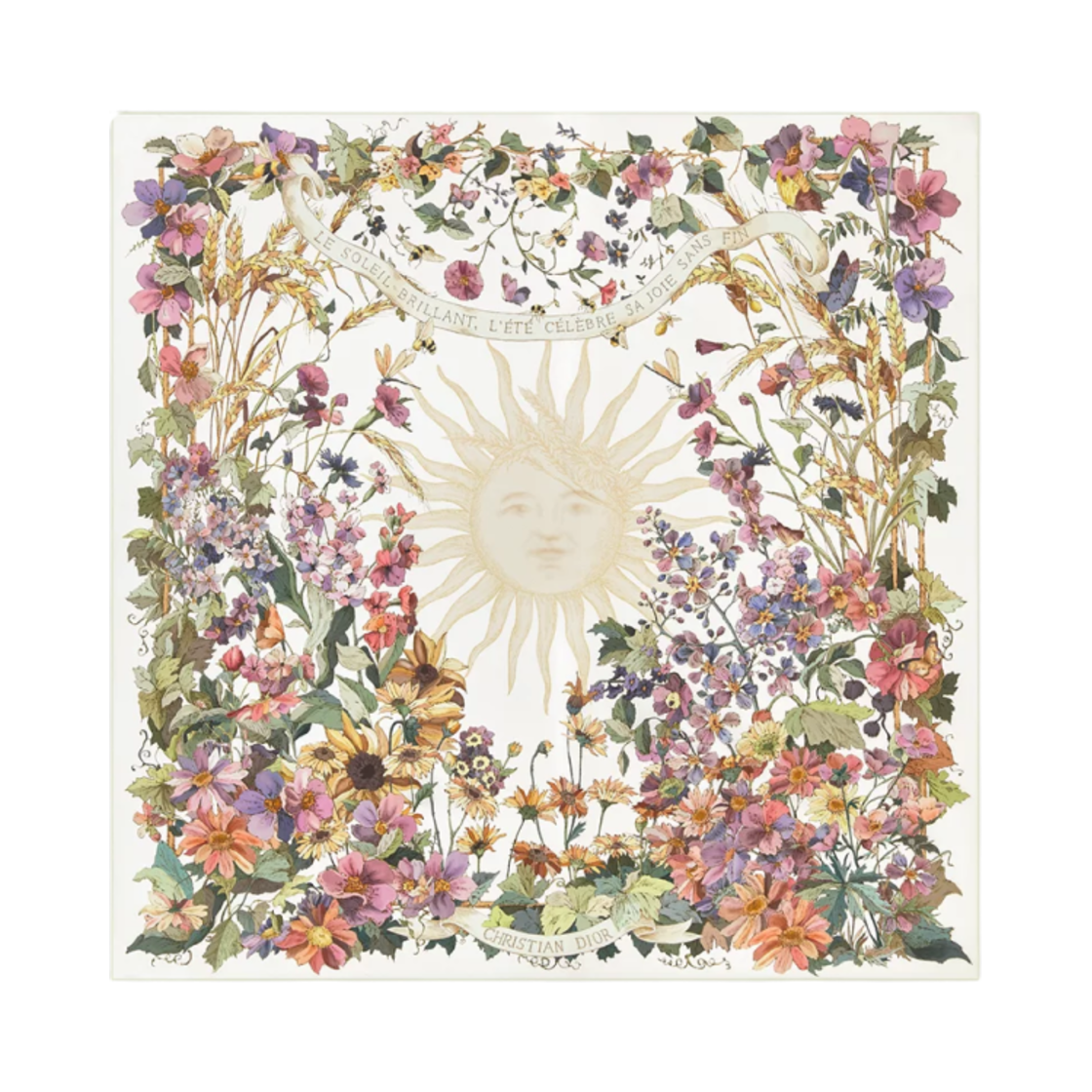 (W) 디올 4 쎄종 에떼 쏠레이 90 스퀘어 스카프 실크 트윌 에크루 멀티 컬러((W) Dior 4 Sainsons Ete Soleil 90 Square Scarf Silk Twill Ecru Multi Color) - 1