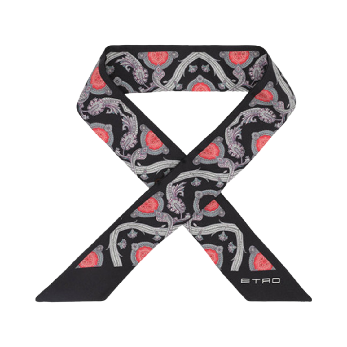 (W) 에트로 플로럴 페이즐리 프린트 트윌리 실크 스카프 블랙((W) Etro Floral Paisely Print Twilly Silk Scarf Black)