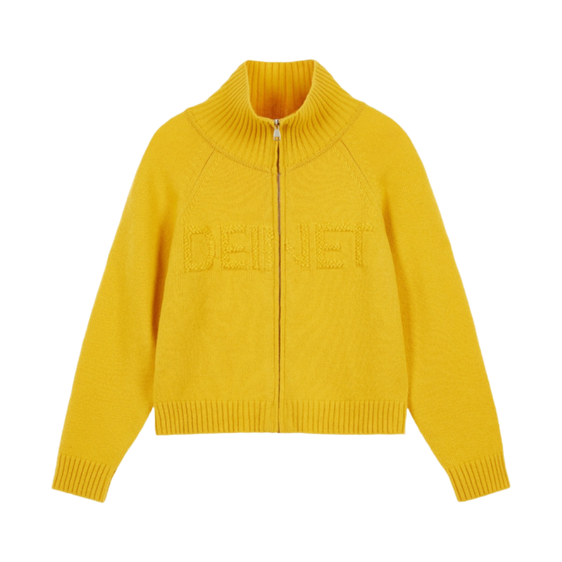 (W) 다이닛 퍼지 로고 니트 집업 머스타드((W) Deinet Fuzzy Logo Knit Zip-Up in Mustard)