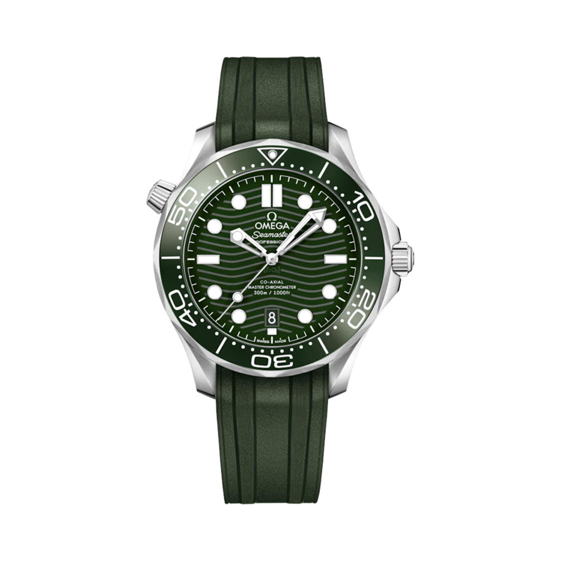 21032422010001 Omega Seamaster Diver 300M Co Axial Master Chronometer Steel Rubber Strap Green