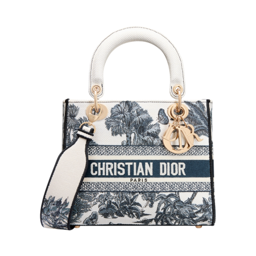 Dior Dioriviera Medium Lady D-Lite Bag Toile De Jouy Palms Embroidery White Blue