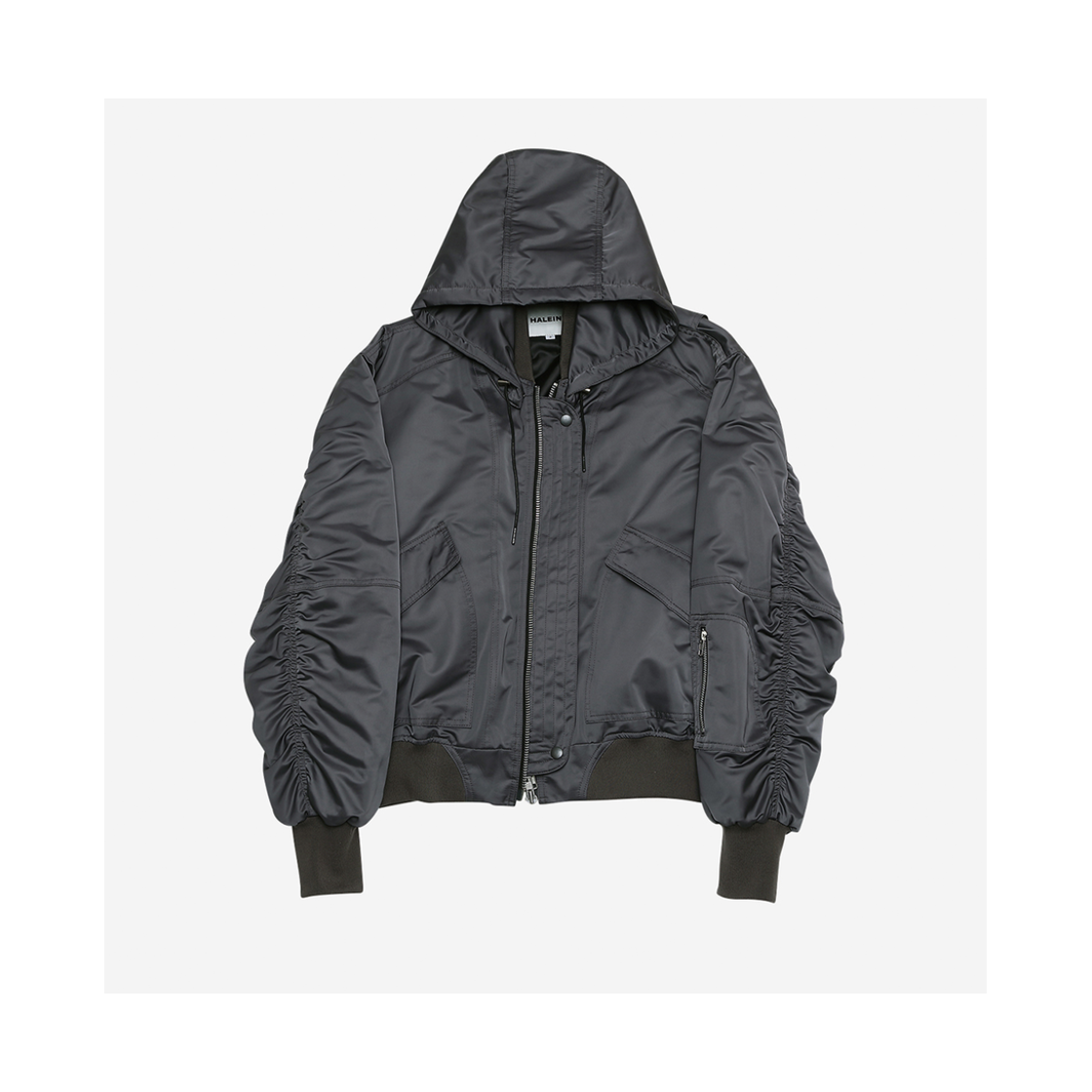 알렌느 사틴 3D 디테처블 핑거 홀 후드 봄버 그레이