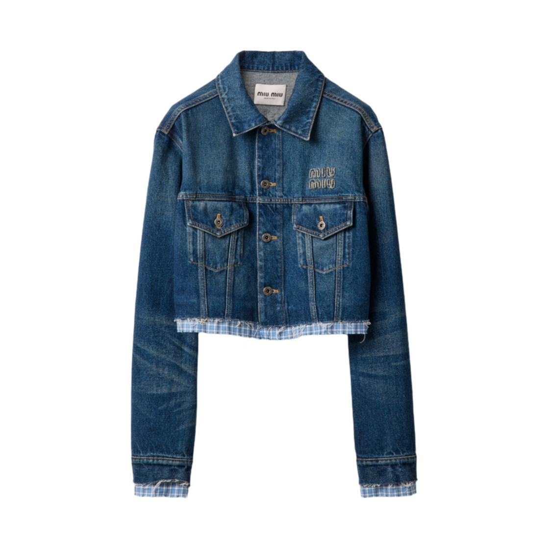 (W) 미우 미우 워시드 데님 블루종 자켓 블루((W) Miu Miu Washed Denim Blouson Jacket Blue)