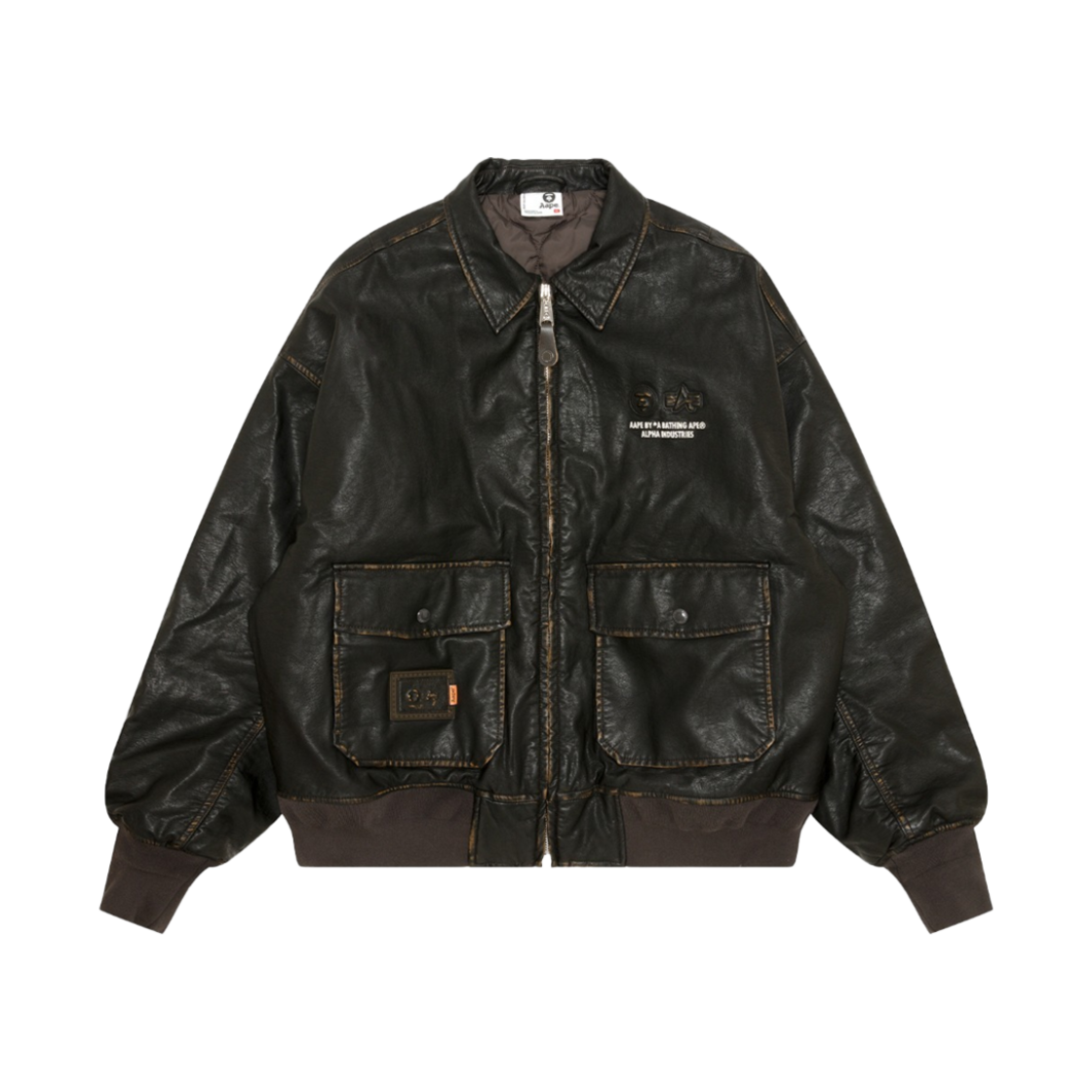 KM5AOTBAP69BR AAPE x Alpha Industries PU Leather Quilted Jacket Brown - 25SS