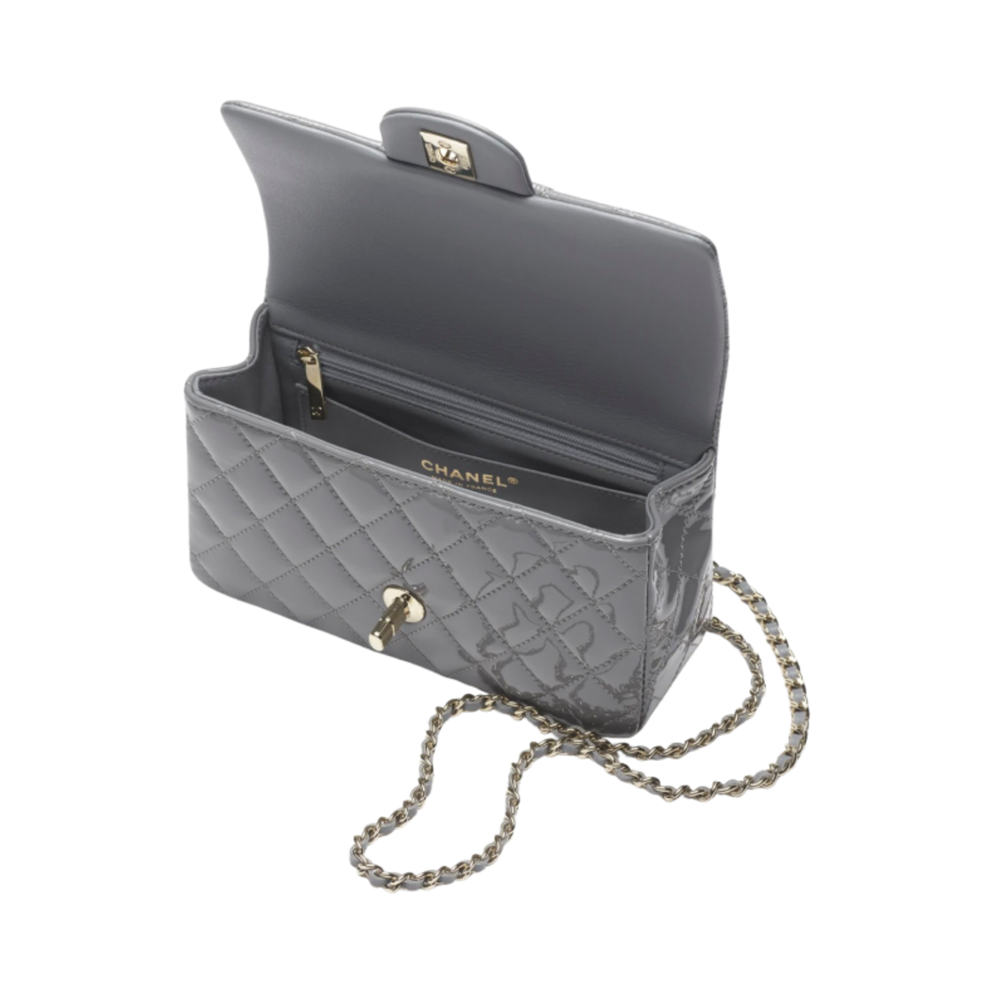 샤넬 핸들 장식의 미니 플랩백 페이턴트 카프스킨 & 골드 메탈 그레이(Chanel Mini Flap Bag with Top Handle Patent Calfskin & Gold Grey) - 3