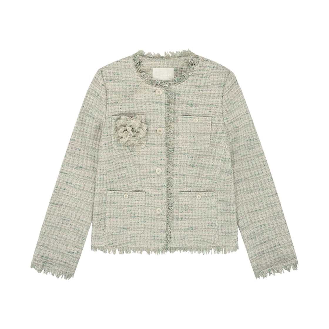 FLETTA-41 FLETTA Fringe Tweed Jacket with Corsage Mint