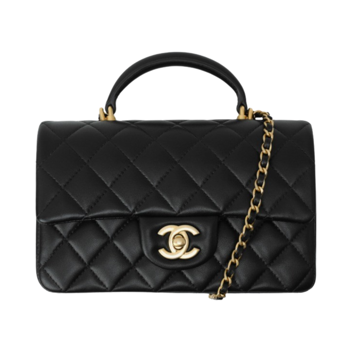 샤넬 핸들 장식의 미니 플랩백 램스킨 & 골드 메탈 블랙(Chanel Mini Flap Bag with Top Handle Lambskin & Gold Black)
