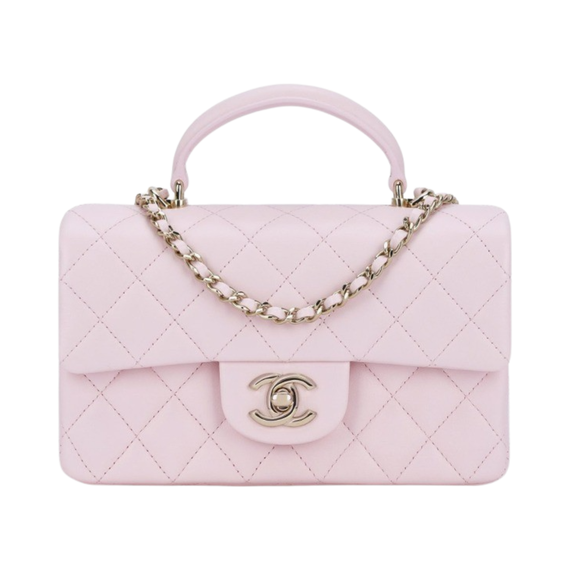 샤넬 핸들 장식의 미니 플랩백 램스킨 & 골드 메탈 라이트 핑크