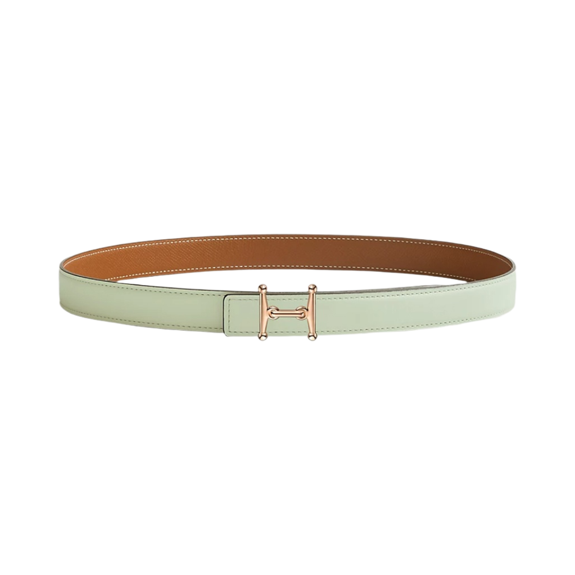 (W) 에르메스 모스 H 벨트 버클 & 리버서블 가죽 스트랩 24mm & 핑크 골드 베르 피즈 골드((W) Hermes Mors H Belt Buckle & Reversible Leather Strap 24mm & Pink Gold Vert Fizz Gold) - 1